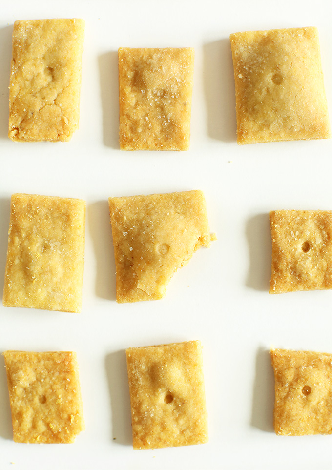 Close up shot of healthy Vegan Cheez-Its on a white background