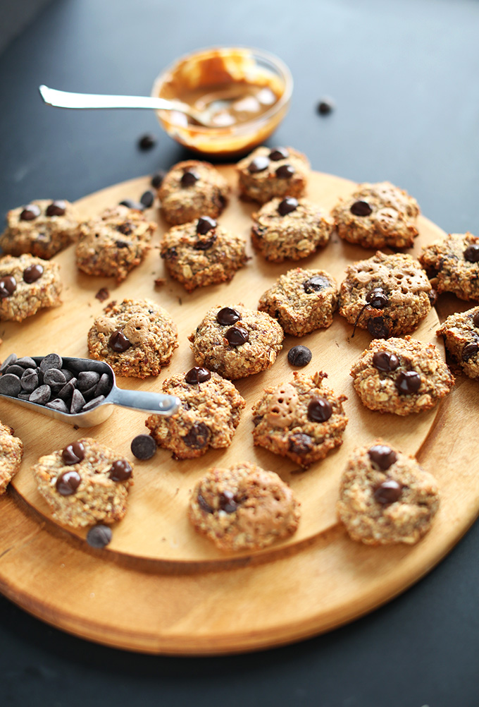 Cutting board filled with a batch of freshly baked Vegan Gluten-Free Peanut Butter Cookies
