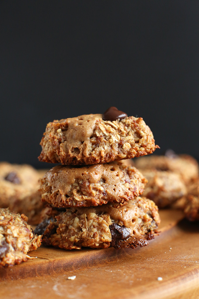 Stack of Vegan Gluten-Free Double Peanut Butter Chocolate Chip Cookies