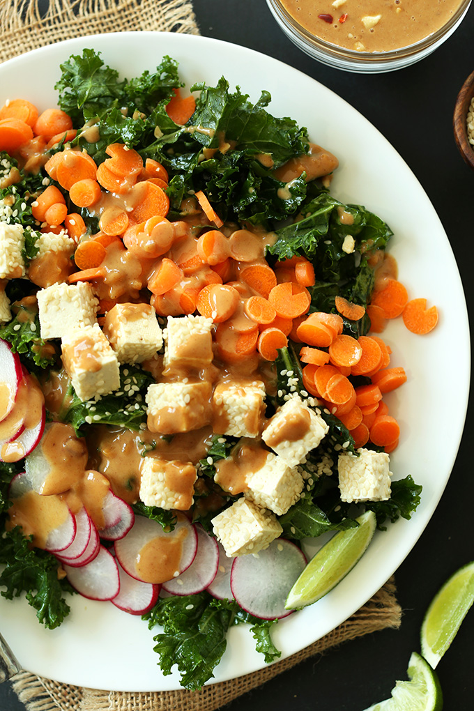 Big plate of Easy Vegan Gluten-Free Thai Kale Salad with Simple Peanut Dressing