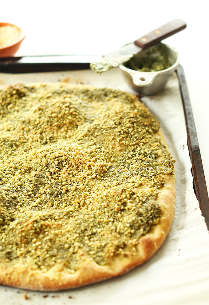 Freshly baked Vegan Pesto Breadstick dough ready for slicing