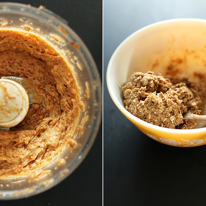 Food processor and bowl with batter for our healthy Vegan Peanut Butter Chocolate Chip Cookies