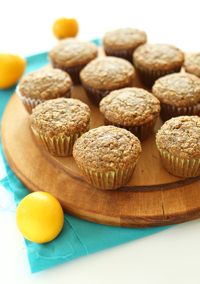 Cutting board with a batch of our Meyer Lemon Poppyseed Muffins