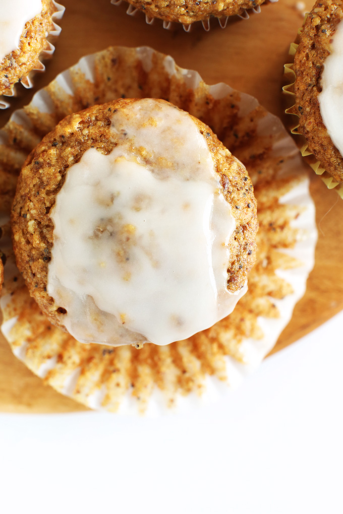 Top down shot of a Vegan Lemon Poppyseed Muffin with glaze