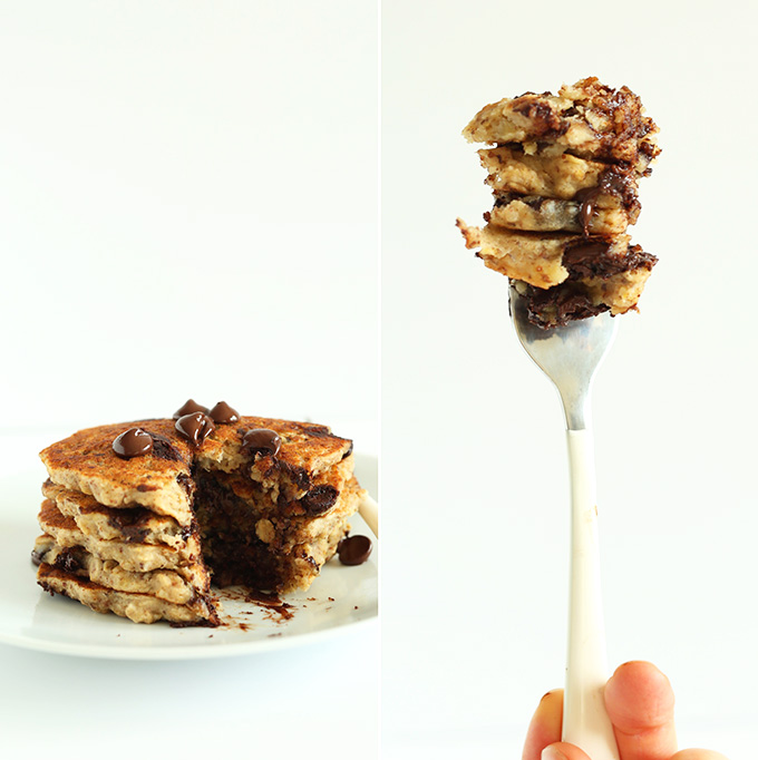 Fork piled high with a stacked bite of Chocolate Chip Oatmeal Cookie Pancakes