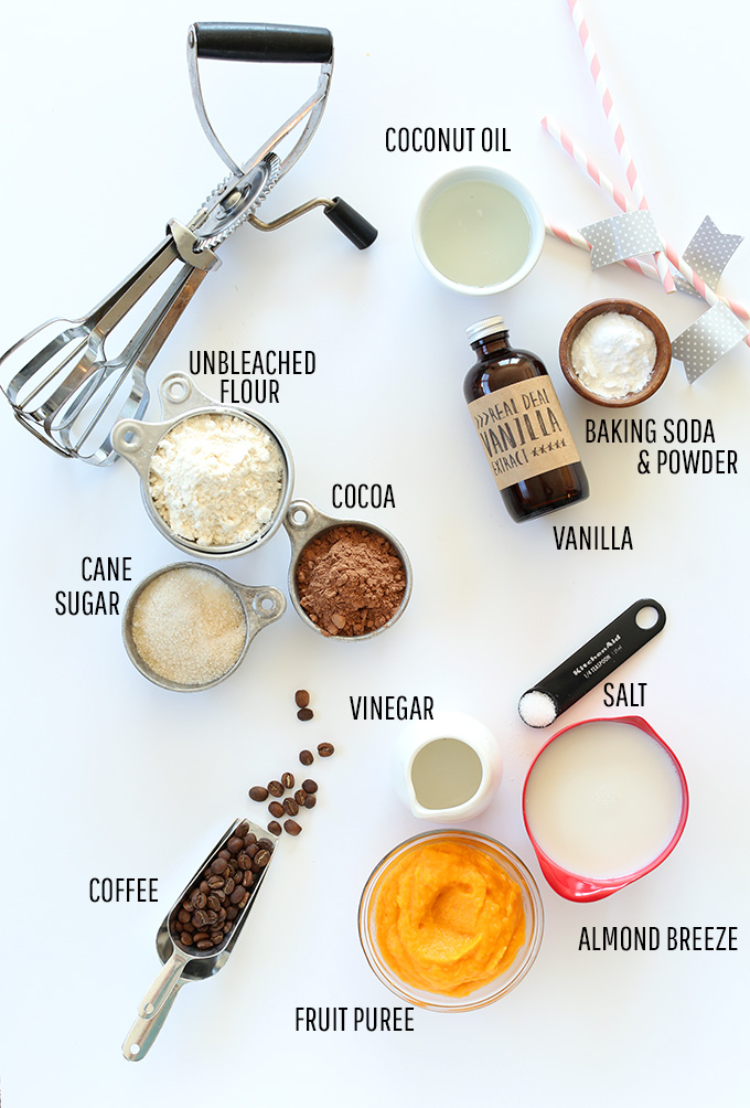 Flour sugar, cocoa, and other ingredients for making our easy 1-Bowl Vegan Chocolate Cake recipe