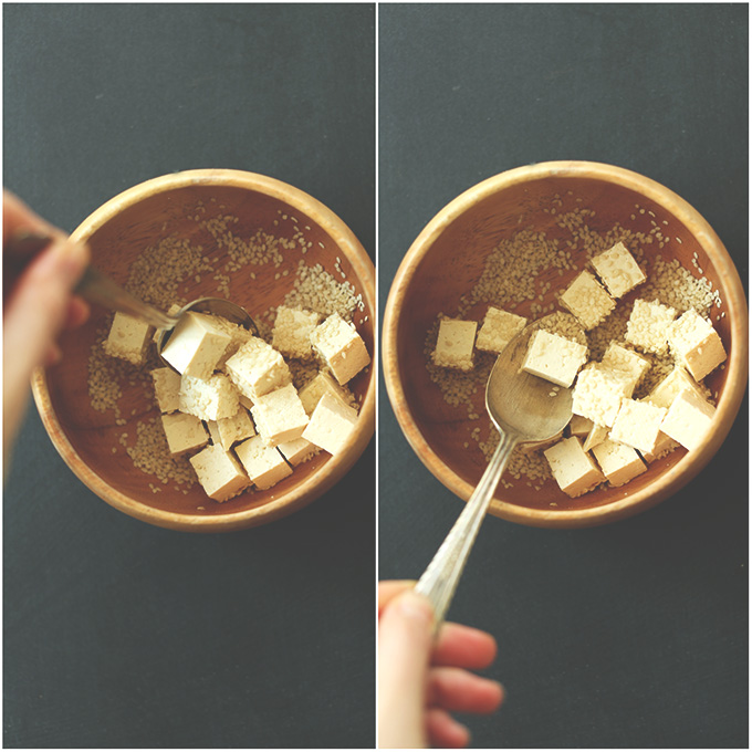 Coating tofu in sesame seeds for Sesame Tossed Tofu