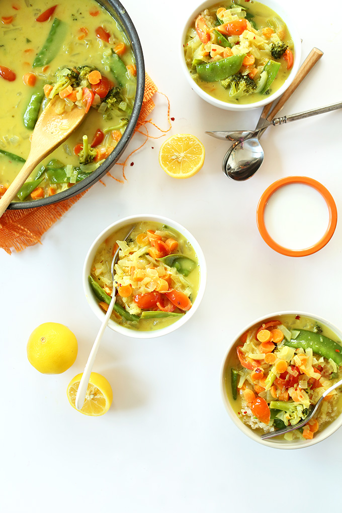 Pan and bowls of Simple Coconut Curry over Coconut Quinoa