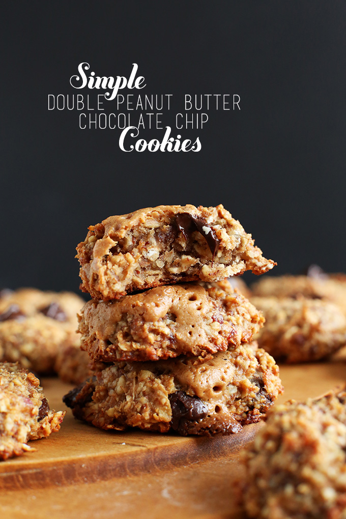 Stack of gluten-free vegan Peanut Butter Chocolate Chip Cookies