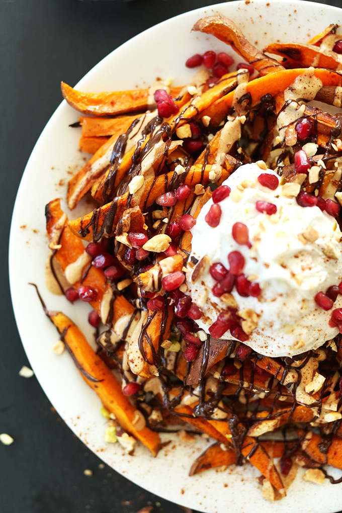Big plate of vegan Sweet Potato Super Food Dessert Fries 