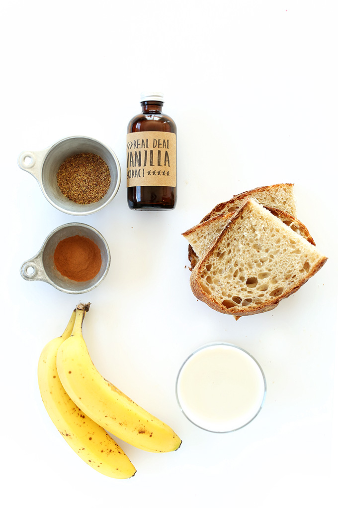 Bread, almond milk, bananas, flaxseed meal, and vanilla for making Vegan French Toast