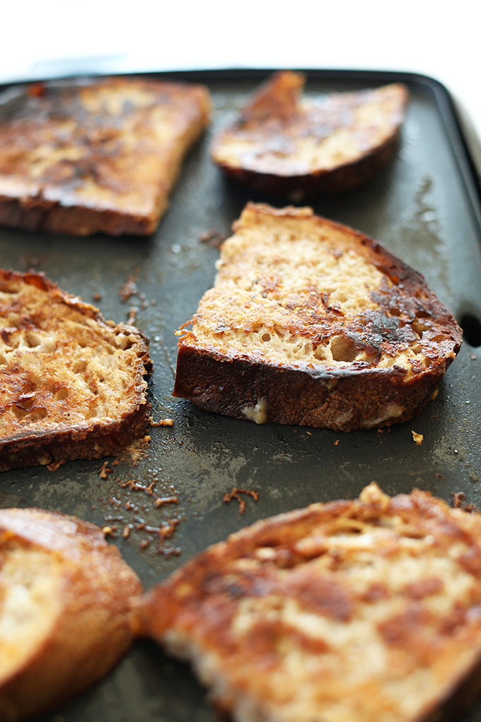 Cooking Vegan Banana French Toast on a skillet