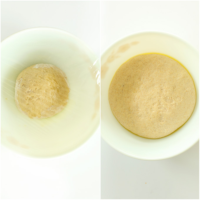 Vegan breadstick dough rising in a mixing bowl covered with plastic wrap
