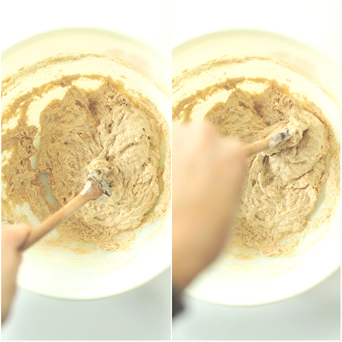 Mixing vegan breadstick dough with a wooden spoon