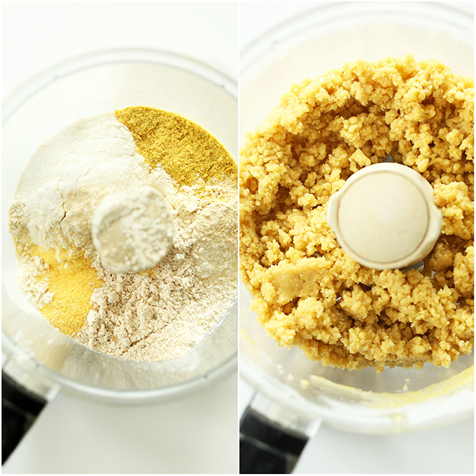 Food processor filled with Vegan Cheez It dough