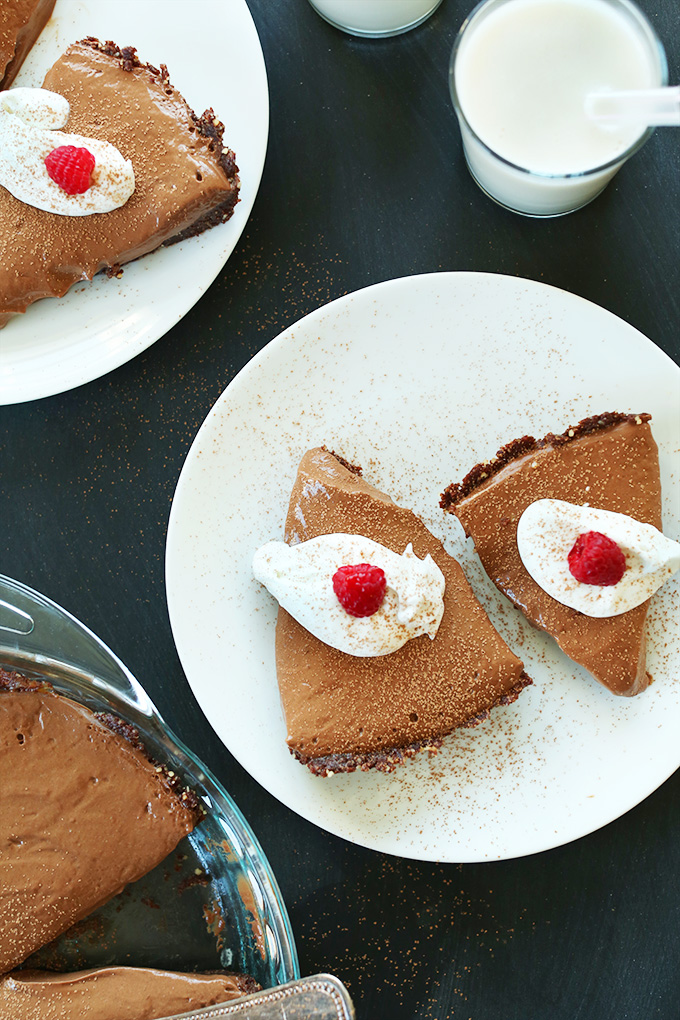 Slices of Vegan Chocolate Silk Pie made with gluten-free Raw Brownie Crust