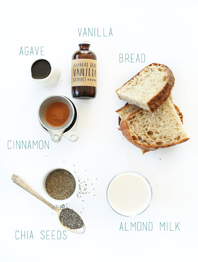 Bread, vanilla, agave, cinnamon, and other ingredients for making Vegan French Toast