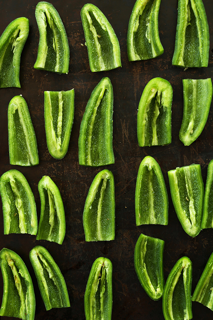Halved and cleaned jalapeno peppers for making Vegan Jalapeno Poppers