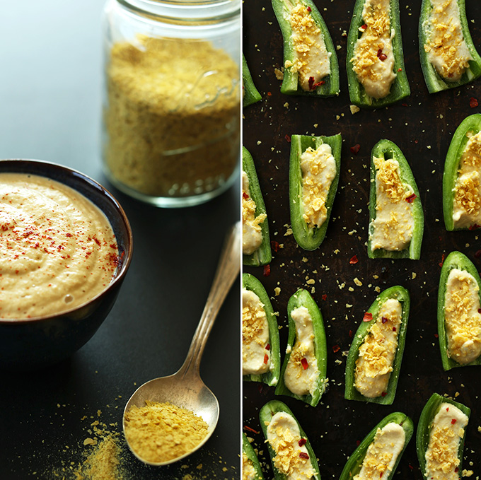 Bowl of Jalapeno Popper filling and a baking sheet of filled poppers