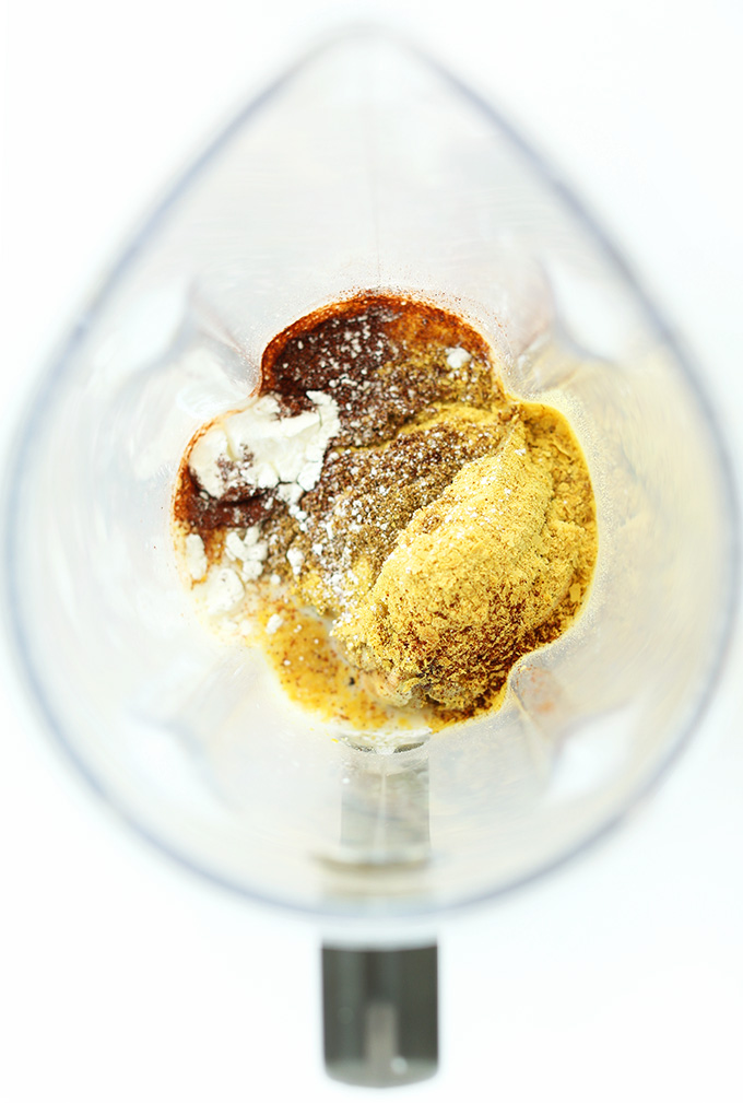 Blender filled with ingredients for making Cashew-Less Vegan Queso