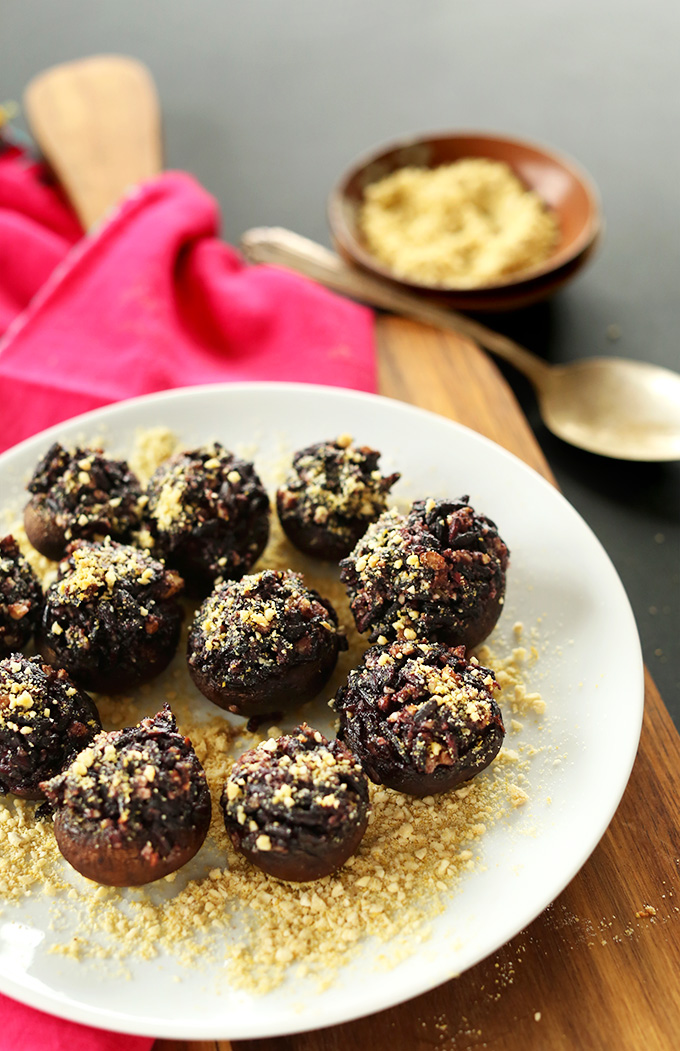 Plate of vegan Black Rice Stuffed Mushrooms