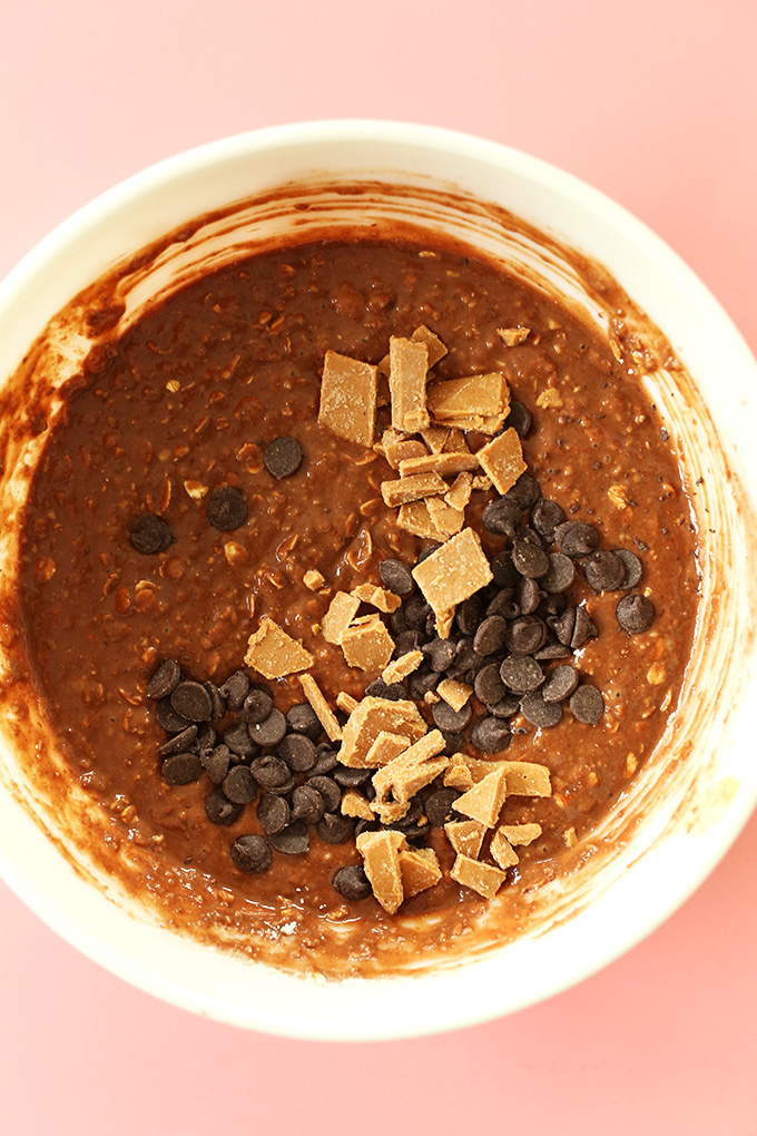 Mixing chocolate chips and peanut butter chunks into Chocolate Peanut Butter Banana Bread