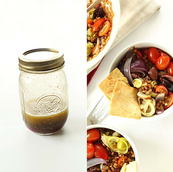 Glass jar of salad dressing to go on bowls of Mediterranean Wheat Berry Salad