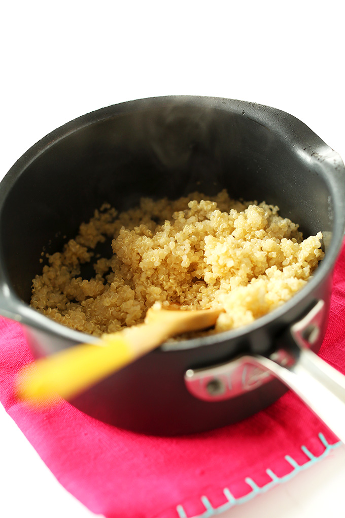 Pan of freshly cooked fluffy quinoa