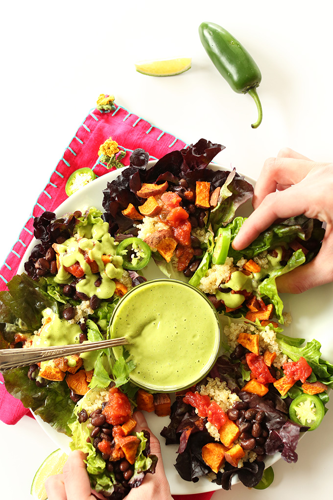 Plate of Mexican Salad Cups and Cilantro Dressing for a gluten-free plant-based dinner