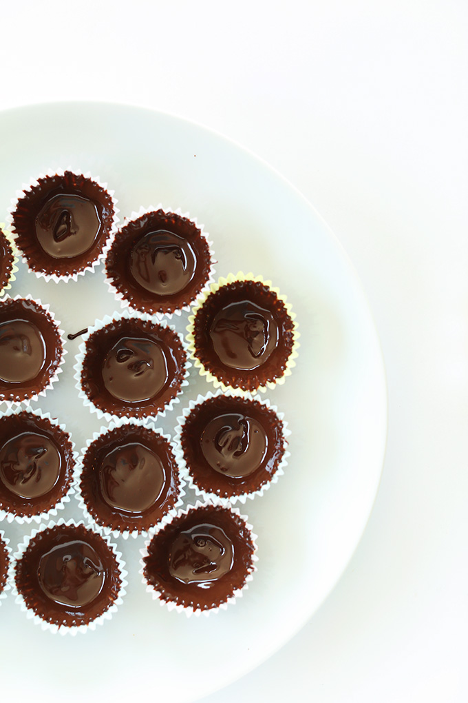 Plate of mini vegan chocolate Peanut Butter Mousse Cups