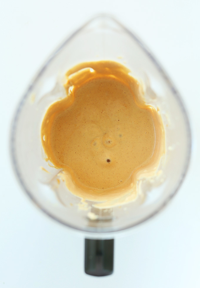 Blender with freshly blended Peanut Butter Mousse Pie Filling