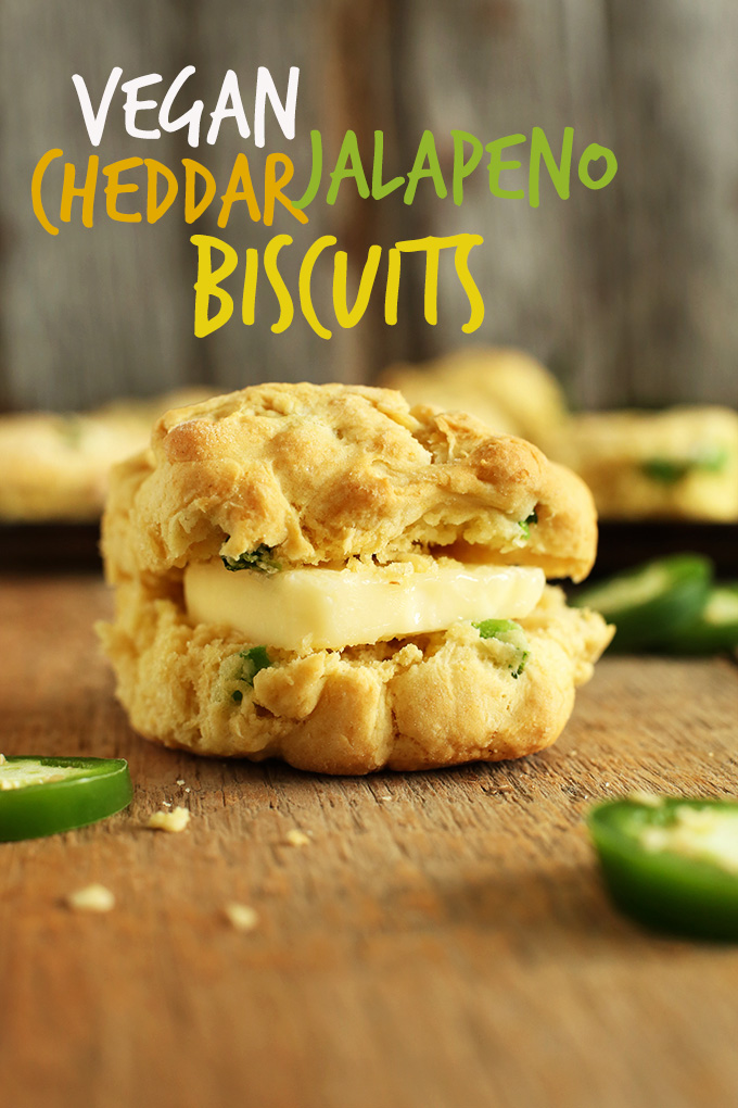 Vegan Cheddar Jalapeno Biscuit sliced open with vegan butter inside