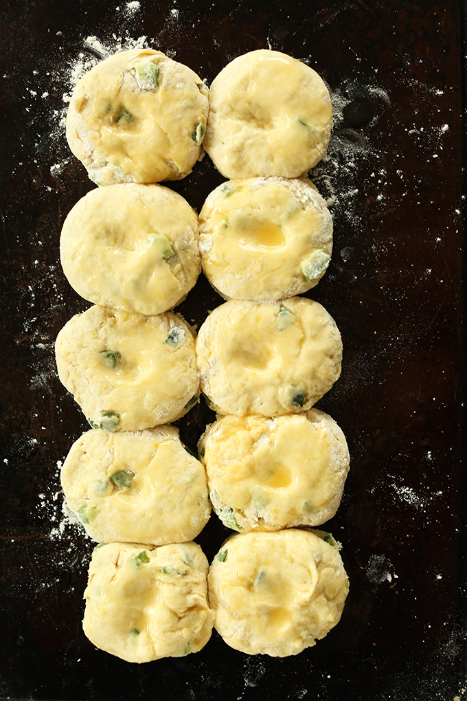 Baking sheet with a batch of our Vegan Cheddar Jalapeno Biscuits recipe ready to go in the oven