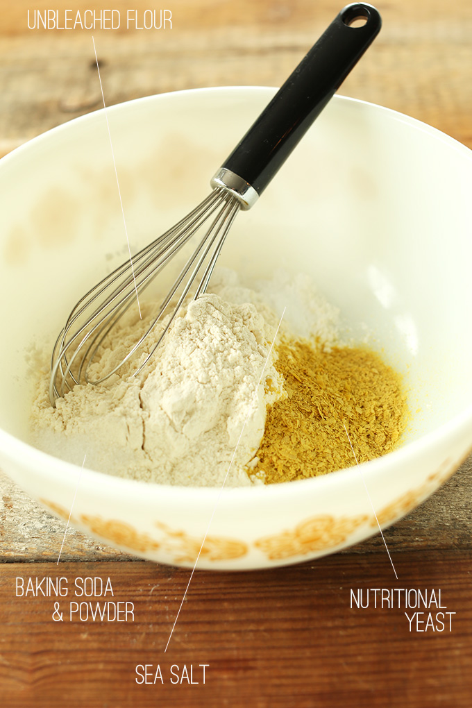 Whisking dry ingredients for homemade Vegan Cheddar Jalapeno Biscuits