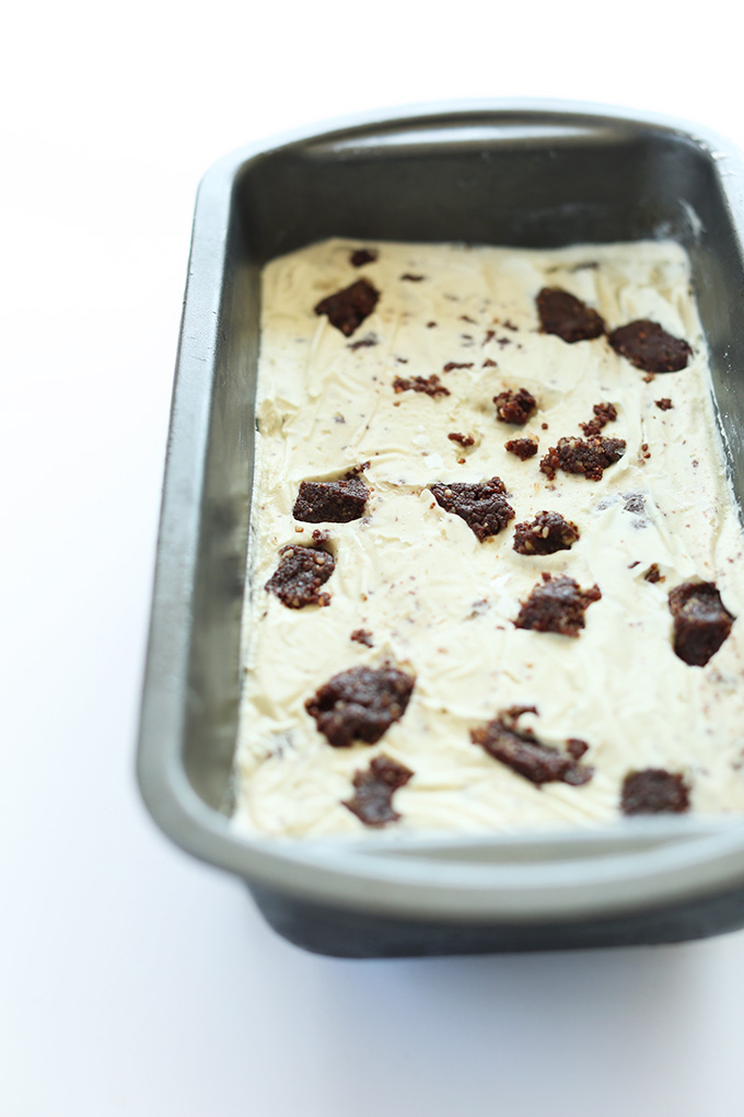 Baking pan with a batch of our Vegan Mint Brownie Ice Cream recipe