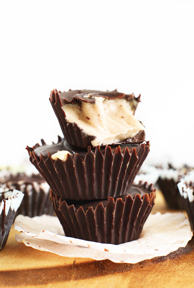Stack of Vegan PB Mousse Cups with the top one revealing its fluffy center