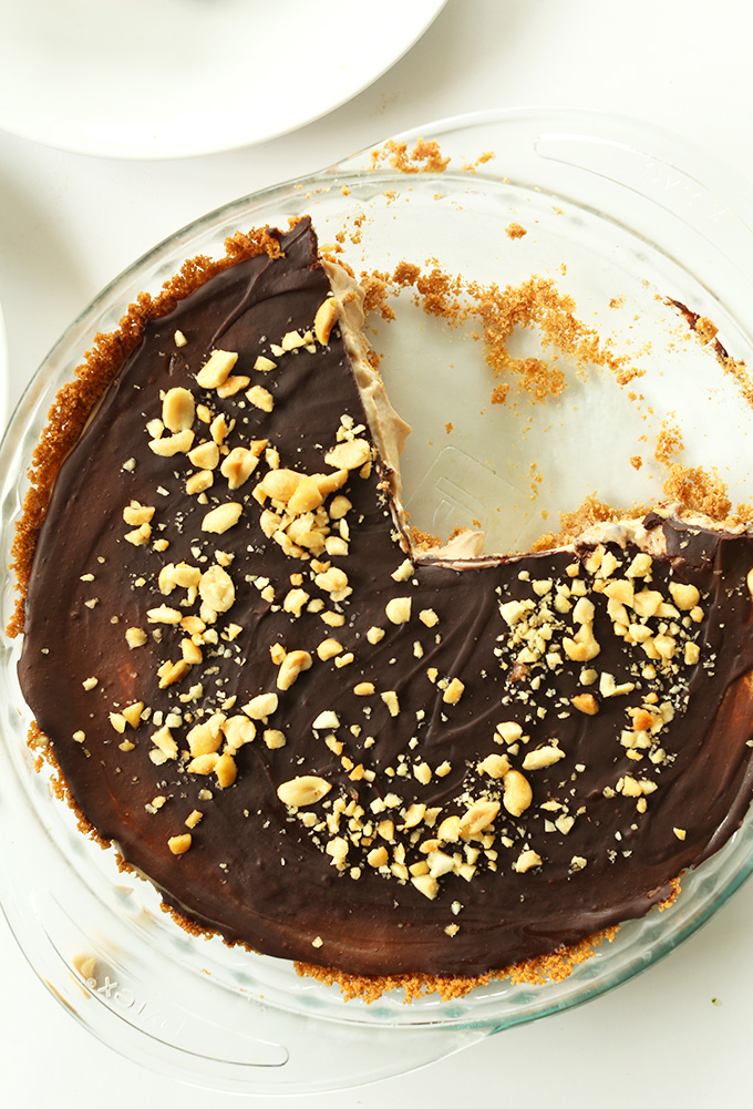 Pie pan of delicious Vegan Peanut Butter Cup Pie with a mousse filling