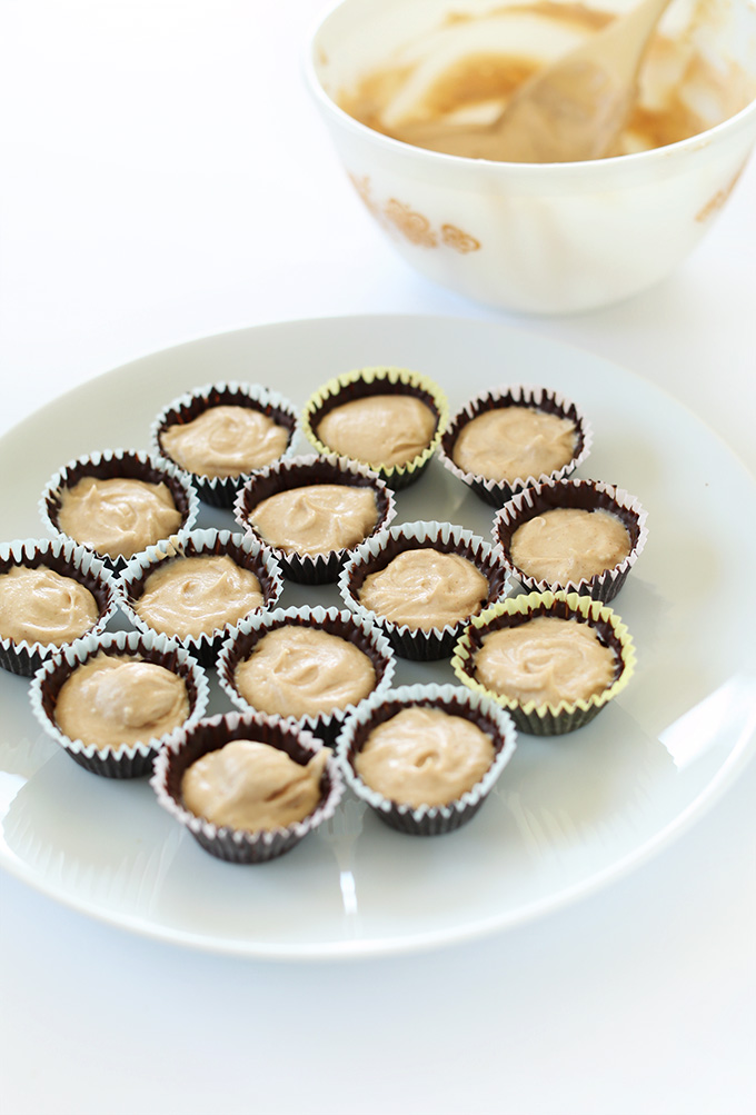 Plate of Vegan Peanut Butter Mousse Cups ready for their top layer