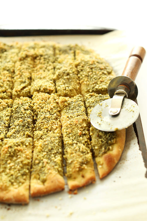 Freshly baked then sliced Vegan Pesto Breadsticks