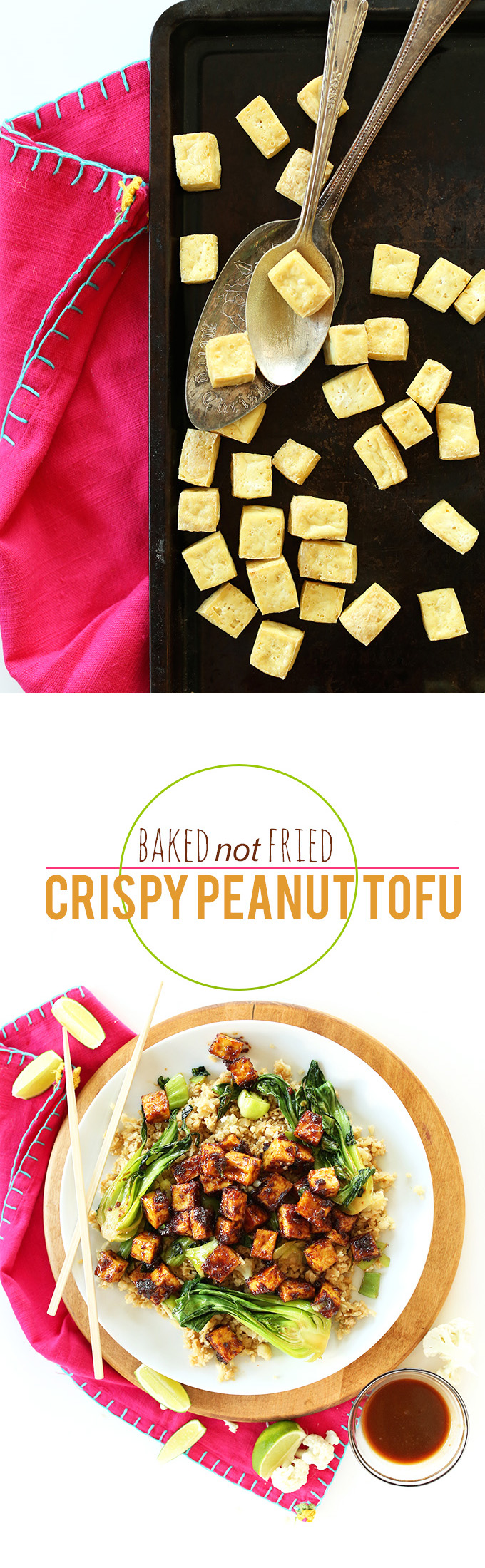Baking sheet of Baked Crispy Tofu and a plate of it served over cauliflower rice