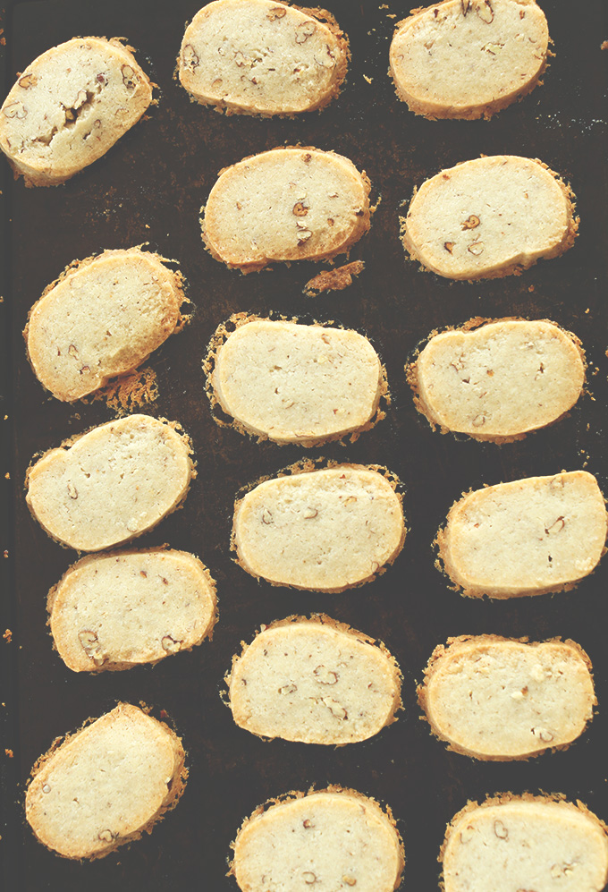 Baking sheet with freshly baked Coconut Oil Banana Pecan Shortbread Cookies