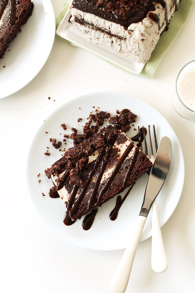 Plate with a slice of delicious Mint Chocolate Brownie Ice Cream Cake