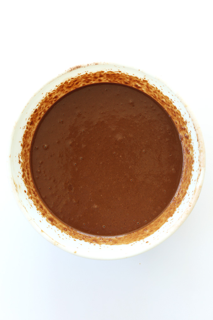 Bowl of chocolate cake batter for making Mint Chocolate Chip Ice Cream Cake