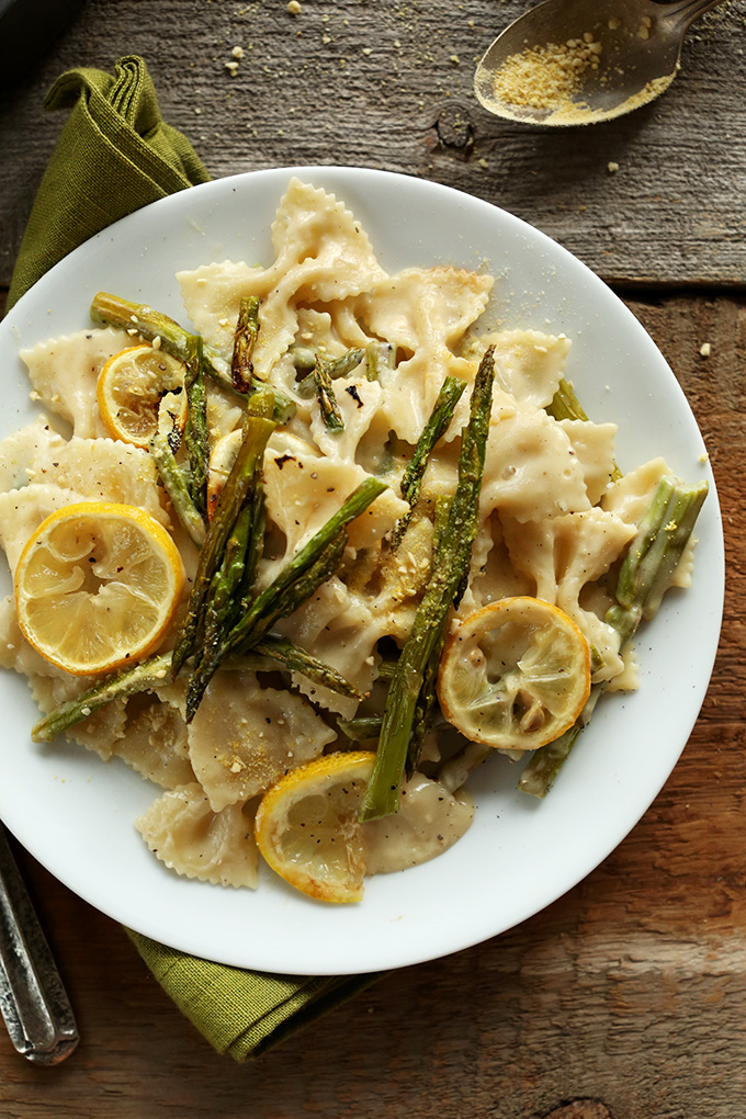 Top down shot of a plate of our 30-minute Creamy Vegan Lemon Asparagus Pasta recipe
