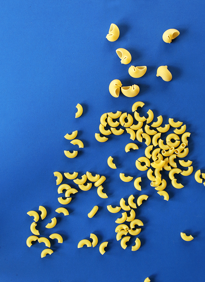 Macaroni shells on a blue background for making Vegan Pasta Salad