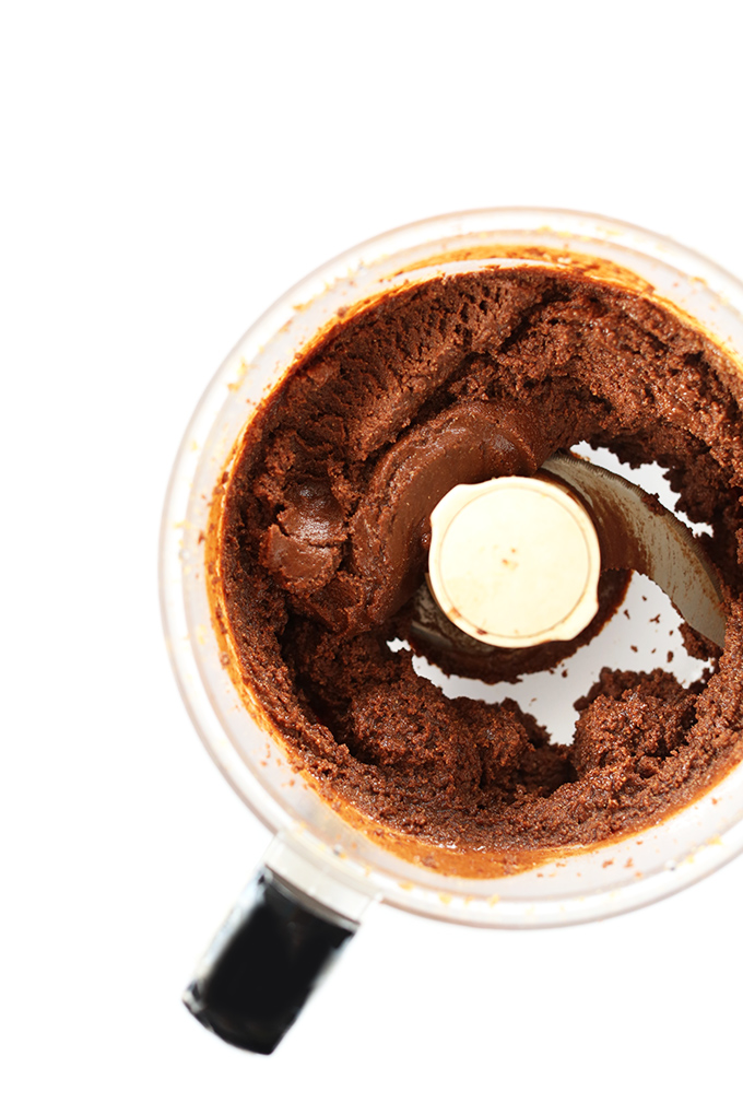Food processor filled with our amazing homemade Vegan Brownie Batter Spread