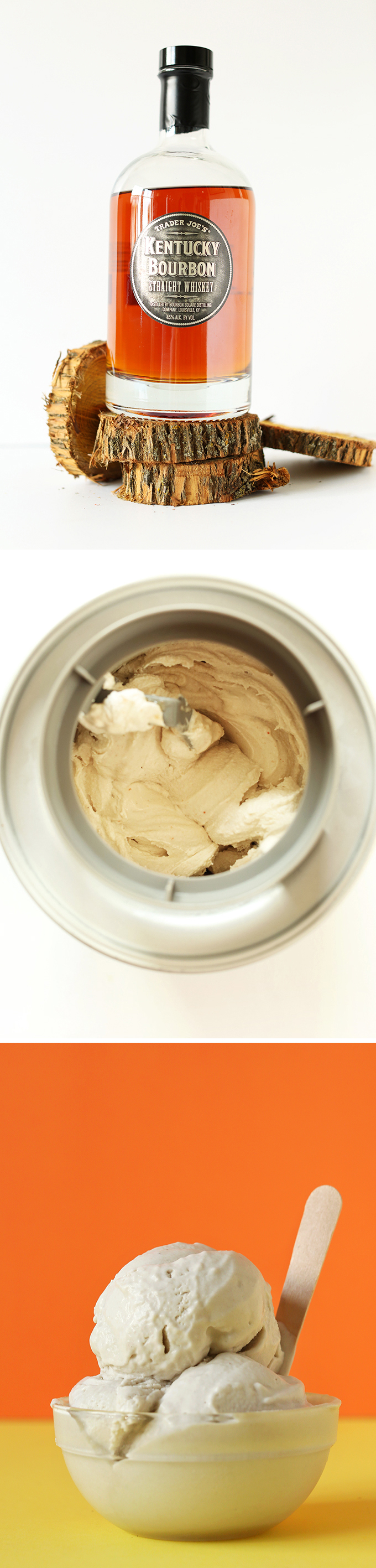 Bourbon and ice cream maker for crafting Vegan Salted Bourbon Caramel Ice Cream