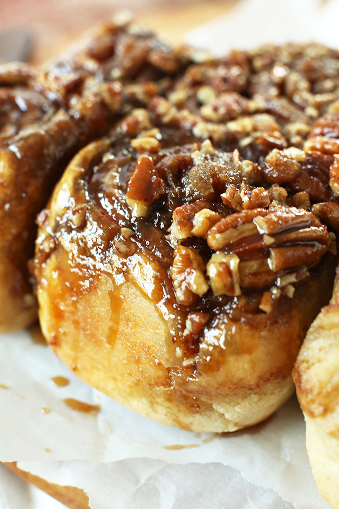 Amazing Vegan Sticky Buns topped with pecans