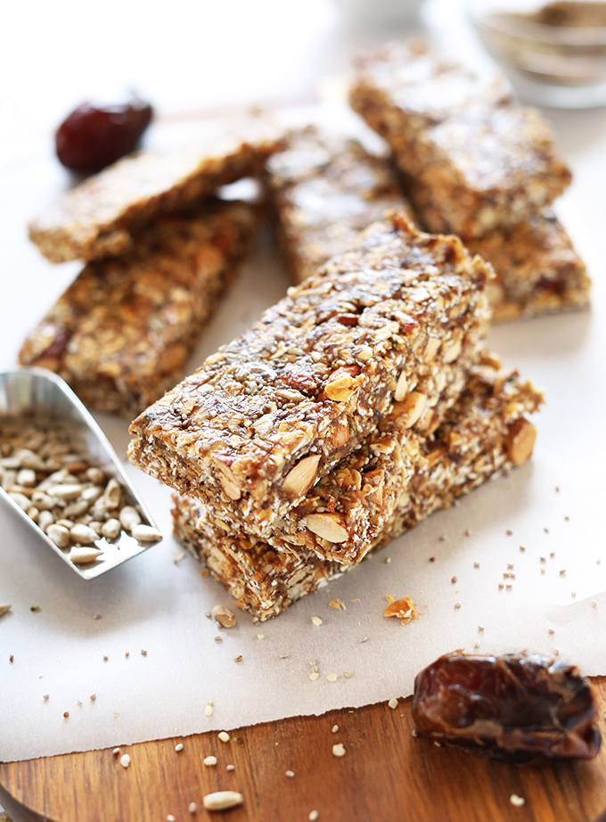 Close up shot of stacked vegan gluten-free Super Seedy Granola Bars