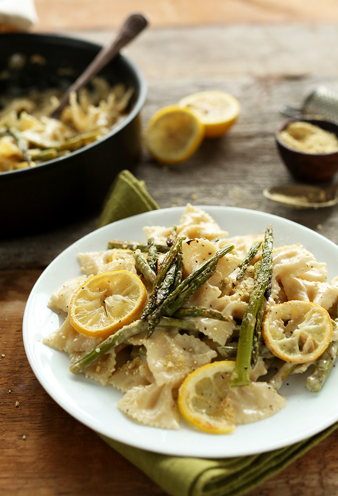 Plate of Creamy Vegan Lemon Asaparagus Pasta for a comforting dinner